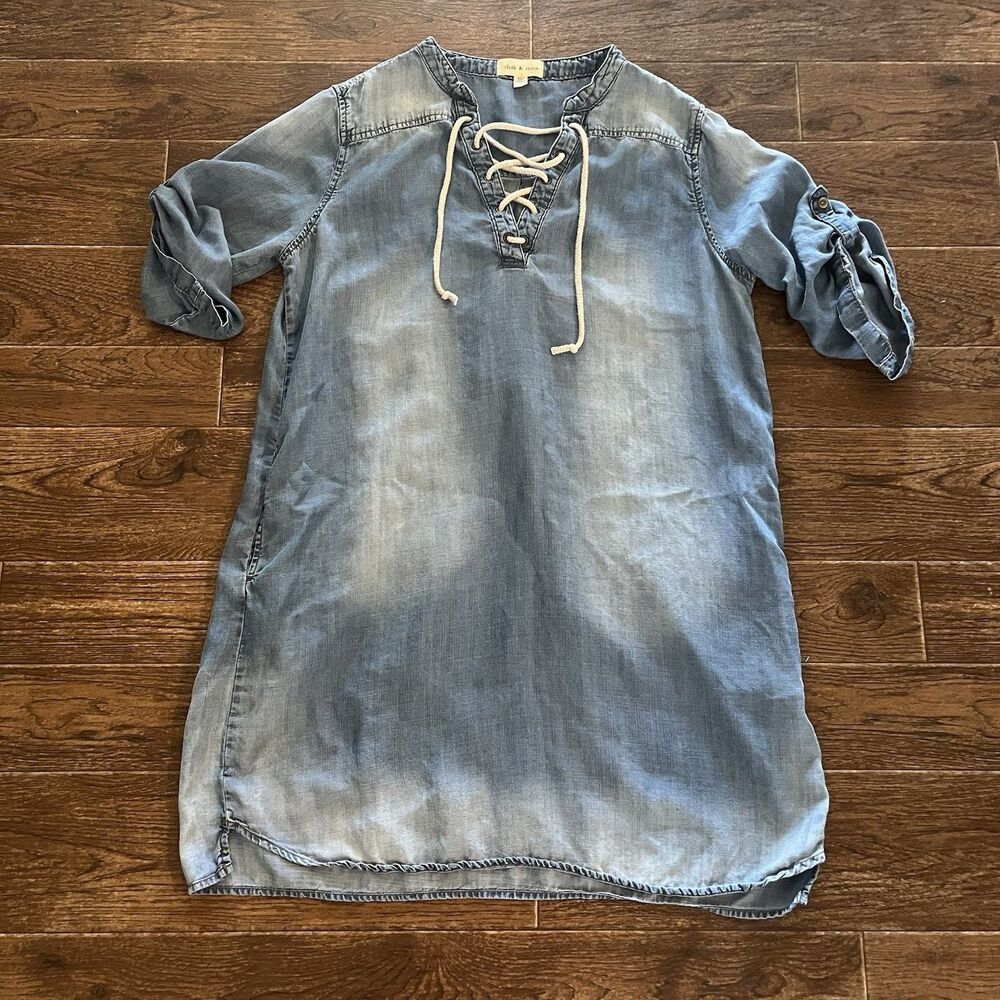 Anthropologie Cloth & Stone Xander Lace-Up Chambray Tunic Dress Large Tencel